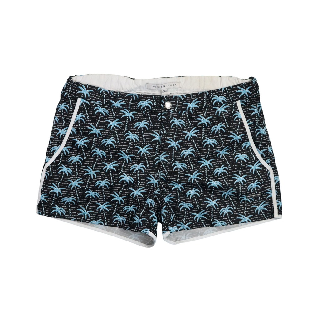 Parke & Ronen Palm Tree Swim Trunks Mens 30 Black Blue Board Shorts Retro Beach